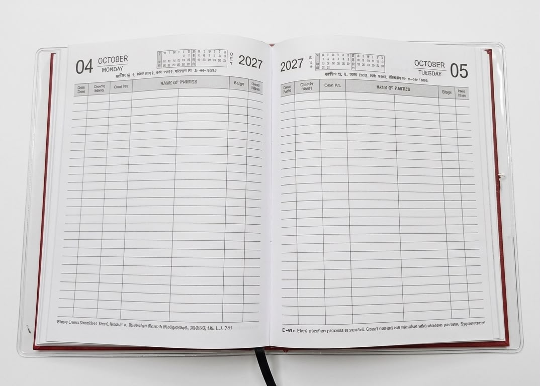 Chaudhari's Lawyer's Referencer 2027 Open Spread showing daily page layout with case tracking and Supreme Court case law summaries